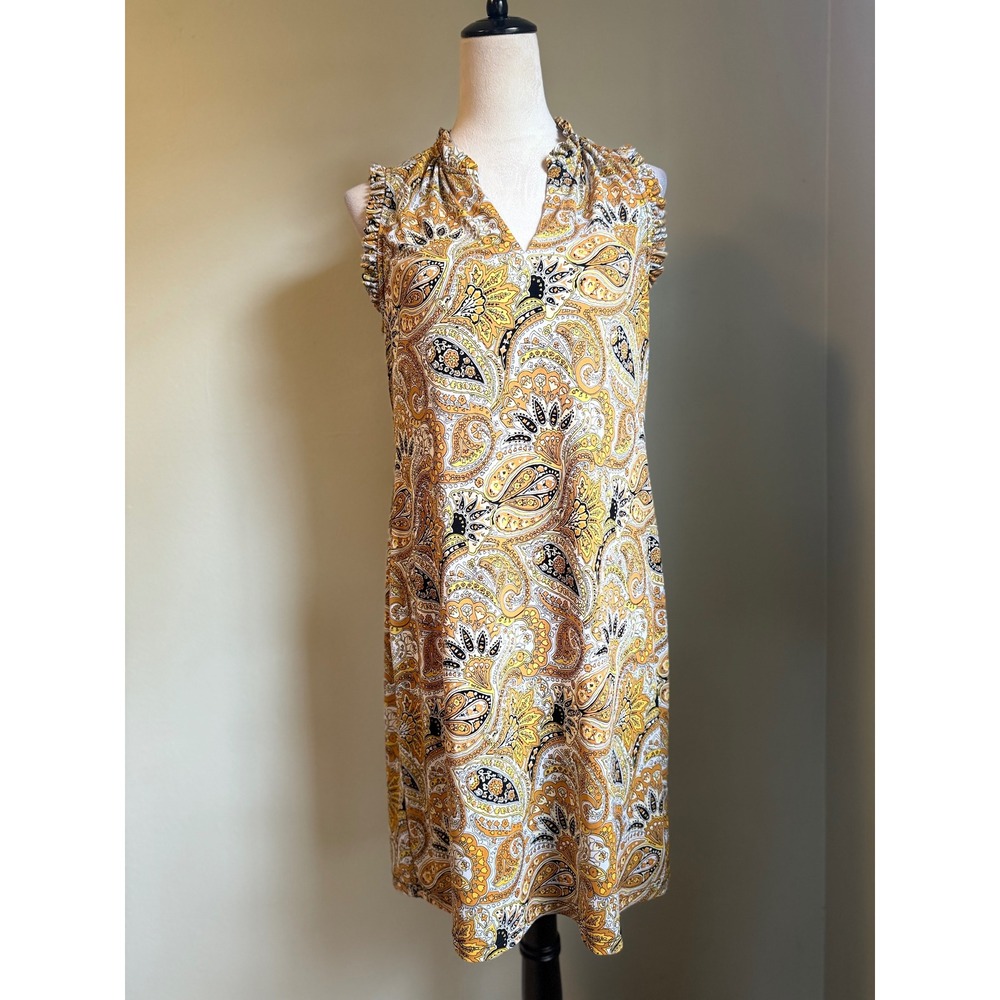 Michael Kors Yellow Paisley Ruffled V-Neck Shift Dress
